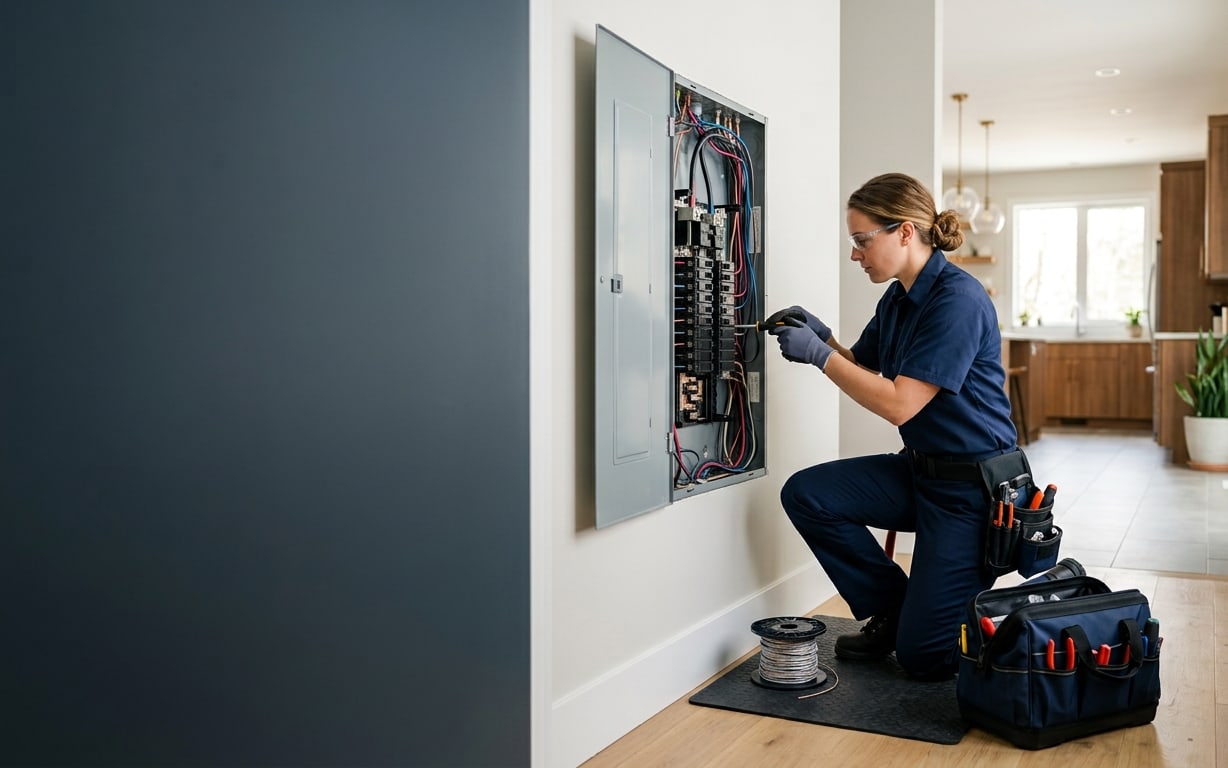 Brightline Electric licensed electrician working on a panel in a Kansas City, MO home