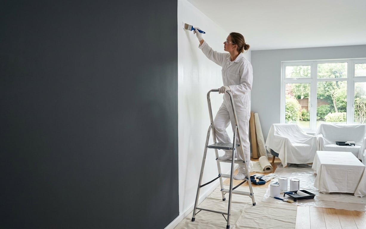 A Truecoat Painting painter cutting in a wall in a bright Kansas City, MO home